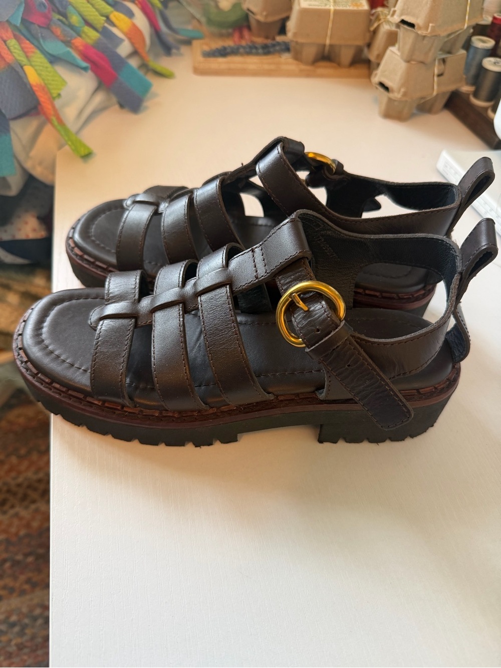 Massimo Dutti Dark Brown Leather Fisherman Sandals with Gold Buckle